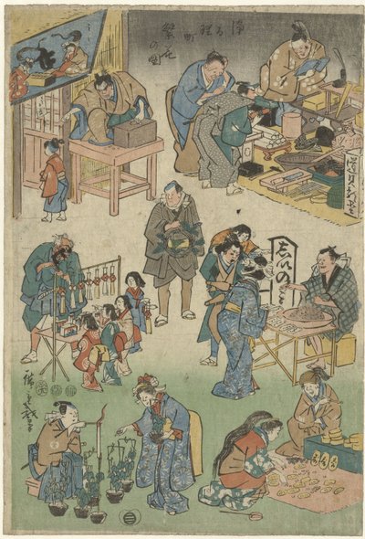 Yömarkkinat katuteatterilla Joruri-kadulla Kuva hyvinvoinnista Joruri-kadulla (sarjan nimi) Jorurimachi hanka no zu (sarjan nimi esineellä) tekijältä Hiroshige (I) , Utagawa