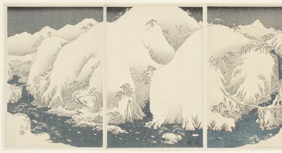 Vuoria ja jokia Kiso-reitin varrella Kisoji no yamakawa (otsikko esineessä) Lumi, kuu ja kukat (sarjan nimi) Setsugekka (sarjan nimi) tekijältä Hiroshige (I) , Utagawa
