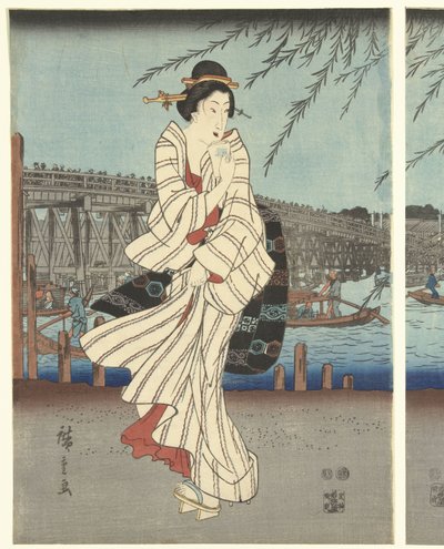Kuuluisia paikkoja itäisessä pääkaupungissa: Nauti iltatuulesta Ryogokun sillalla tekijältä Hiroshige (I) , Utagawa