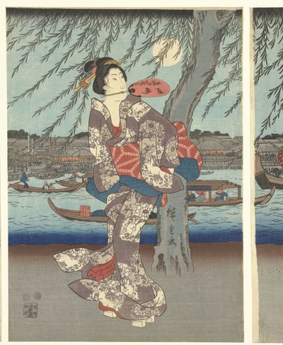 Kuuluisia paikkoja itäisessä pääkaupungissa: Nauti iltatuulesta Ryogokun sillalla tekijältä Hiroshige (I) , Utagawa