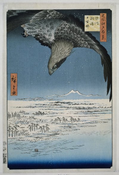 Jumantsubon tasango Susakissa lähellä Fukagawaa Fukagawa Susaki Jumantsubo (otsikko esineessä) Sata kuuluisaa kasvoja Edossa (sarjan nimi) Meisho Edo hyakkei (sarjan nimi esineessä) tekijältä Hiroshige (I) , Utagawa