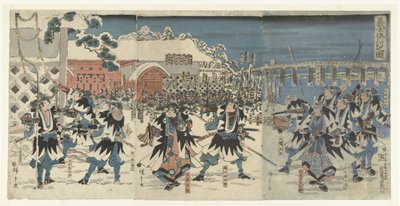 Uskollisen johtajattoman samurain kosto Gishi katakiuchi no zu (otsikko esineessä) tekijältä Hiroshige (I) , Utagawa