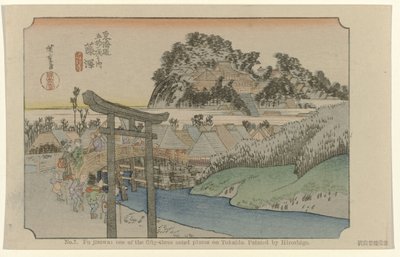 Fujisawa Nro 7. Fujisawa: yksi Tokaidon viidestäkymmenestä kolmesta merkittävästä paikasta. Maalannut Hiroshige (otsikko esineessä) De Tôkaidô van Hiroshige (sarjan nimi) Hiroshige no fude Tôkaidô (sarjan nimi esineellä) tekijältä Hiroshige (I) , Utagawa