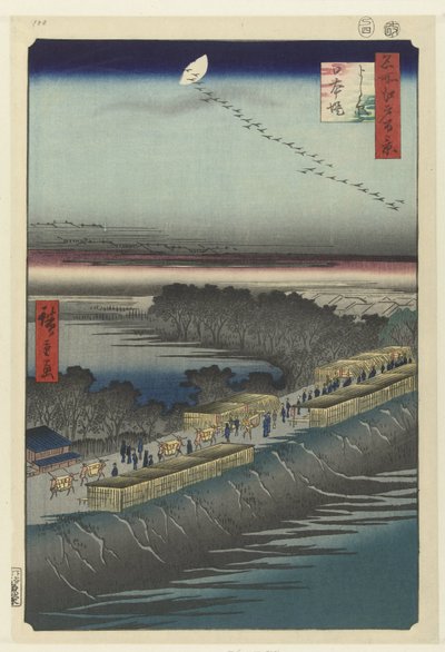 Näkymä Nihondylle Yoshiwaran luota Yoshiwara Nihonzutsumi (otsikko esineessä) Sata kuuluisaa kasvoja Edossa (sarjan nimi) Meisho Edo hyakkei (sarjan nimi esineessä) tekijältä Hiroshige (I) , Utagawa