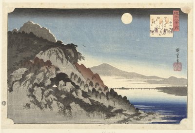 Syksyinen kuu Ishiyamassa Ishiyama no shugetsu (otsikko esineessä) Kahdeksan näkymää Omin maakunnasta (sarjan nimi) omi hakkei tekijältä Hiroshige (I) , Utagawa