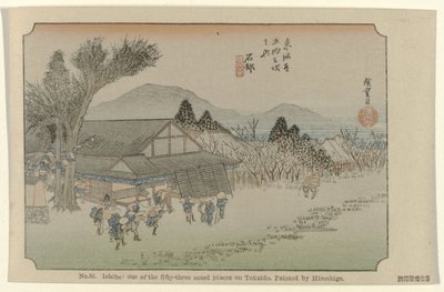 Ishibe Nro 52. Ishibe: yksi Tokaidon viidestäkymmenestä kolmesta merkittävästä paikasta, Hiroshigen maalaama (otsikko esineessä) De Tôkaidô van Hiroshige (sarjan nimi) Hiroshige no fude Tôkaidô (sarjan nimi esineellä) tekijältä Hiroshige (I) , Utagawa
