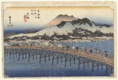 Kioto, de grote brug bij Sanjo Kioto, Sanjo Ohashi (otsikko esineessä) De 53 asemaa van de Tokaido (sarjan nimi) Tokaido gojusan tsugi no uchi (sarjan nimi esineessä) tekijältä Hiroshige (I) , Utagawa