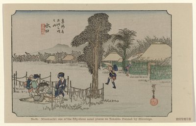 Minakuchi Nro 51. Minakuchi: Tokaidon viidestäkymmenestä kolmesta merkittävästä paikasta Hiroshigen maalaama (otsikko esineessä) De Tôkaidô van Hiroshige (sarjan nimi) Hiroshige no fude Tôkaidô (sarjan nimi esineellä) tekijältä Hiroshige (I) , Utagawa