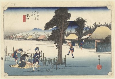 Minakuchi, het beroemde streetproduct kanpyo Minakuchi, meibutsu kanpyo De 53 asemaa van de Tokaido (sarjan nimi) Tokaido gojusan tsugi no uchi (sarjan nimi esineessä) tekijältä Hiroshige (I) , Utagawa