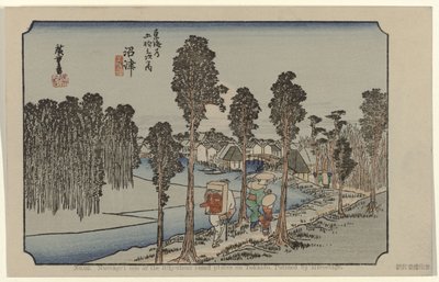 Namazu Nro 13: Namazu: yksi Tokaidon viidestäkymmenestä kolmesta merkittävästä paikasta. Maalannut Hiroshige (otsikko esineessä) De Tôkaidô van Hiroshige (sarjan nimi) Hiroshige no fude Tôkaidô (sarjan nimi esineellä) tekijältä Hiroshige (I) , Utagawa