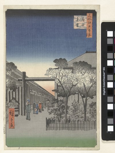 Aamunkoitto Yoshiwarassa Kakuchu toun (otsikko esineessä) Sata kuuluisaa kasvoja Edossa (sarjan nimi) Meisho Edo hyakkei (sarjan nimi esineessä) tekijältä Hiroshige (I) , Utagawa