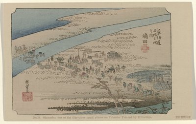 Shimada Nro 24. Shimada: yksi Tokaidon viidestäkymmenestä kolmesta merkittävästä paikasta, Hiroshigen maalaama (otsikko esineessä) De Tôkaidô van Hiroshige (sarjan nimi) Hiroshige no fude Tôkaidô (sarjan nimi esineellä) tekijältä Hiroshige (I) , Utagawa