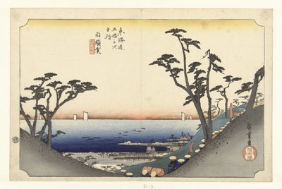 Shirasuka, bergafwaarts Shirasuka, shiomisaka no zu (otsikko esineessä) De 53 asemaa van de Tokaido (sarjan nimi) Tokaido gojusan tsugi no uchi (sarjan nimi esineessä) tekijältä Hiroshige (I) , Utagawa