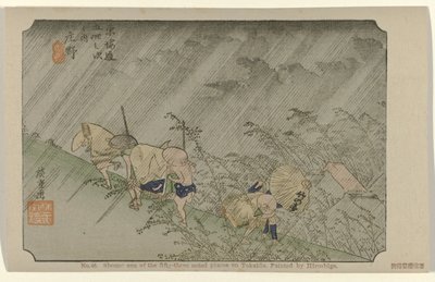 Shono Nro 46. Shono: yksi Tokaidon viidestäkymmenestä kolmesta merkittävästä paikasta, Hiroshigen maalaama (otsikko esineessä) De Tôkaidô van Hiroshige (sarjan nimi) Hiroshige no fude Tôkaidô (sarjan nimi esineellä) tekijältä Hiroshige (I) , Utagawa