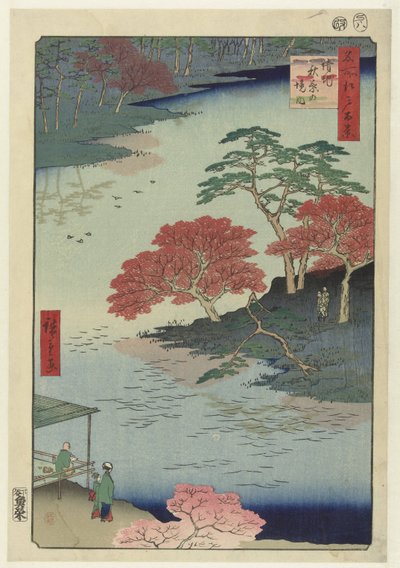 Akiba-pyhäkön temppelialue Ukijissa Ukiji Akiba no keidai (otsikko esineessä) Sata kuuluisaa kasvoja Edossa (sarjan nimi) Meisho Edo hyakkei (sarjan nimi esineessä) tekijältä Hiroshige (I) , Utagawa