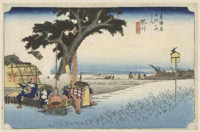 Theehuis in de buitenlucht Fukuroissa Fukuroi, dechaya no zu (otsikko esineessä) De 53 asemaa van de Tokaido (sarjan nimi) Tokaido gojusan tsugi no uchi (sarjan nimi) tekijältä Hiroshige (I) , Utagawa