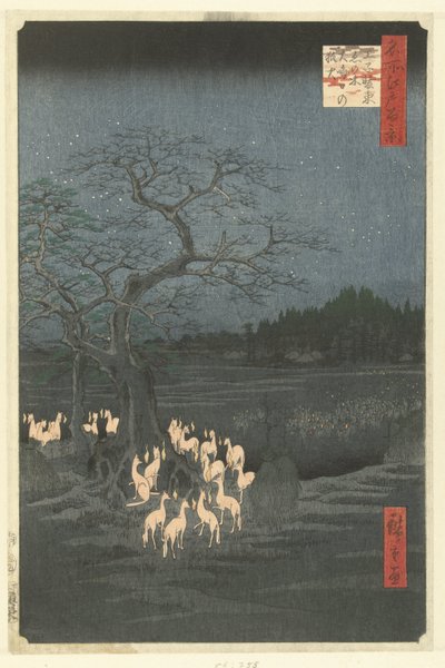 Foxfires uudenvuodenaattona Shozoku Nokkospuussa Ojissa Oji Shozoku enoki omisoka no kitsunebi (otsikko esineessä) Sata kuuluisaa kasvoja Edossa (sarjan nimi) Meisho Edo hyakkei (sarjan nimi esineessä) tekijältä Hiroshige (I) , Utagawa