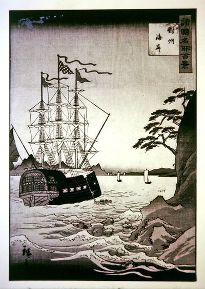 Musta (eurooppalainen) laiva Tsushiman rannikolla tekijältä Hiroshige II