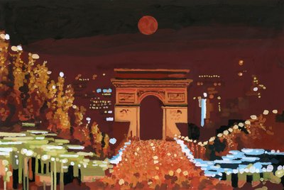 Riemukaari ja Champs Elysées yöllä, 2015 (guassi paperille) tekijältä Hiroyuki Izutsu