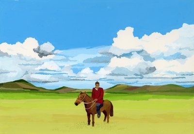 Mongolian arot ja ihmiset ratsastavat hevosilla, 2015 (Gouassi paperilla) tekijältä Hiroyuki Izutsu