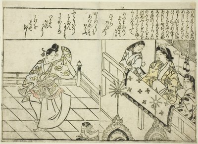 Shintokumaru Dancing ennen Oto Himea, kuvitetusta kirjasta "Kokoelma kaunokaisia kuvia (Bijin e-zukushi)" tekijältä Hishikawa Moronobu