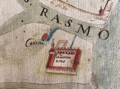 Lazzaretto Nuovo 1600-luvun kartalla. tekijältä Historical Document.