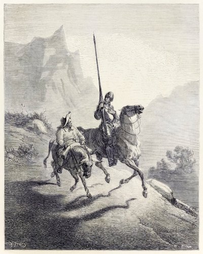 "Don Quijote ja Sancho lähtevät ulos" Miguel de Cervantesin "Don Quijotesta" (kaiverrus) tekijältä Héliodore Joseph Pisan