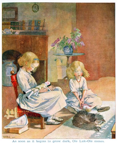 Heti kun se alkaa tummua, "Ole Luk-Oie" Hans Christian Andersenin (1805-75) "Fairy Tales" -julkaisusta 1920 (akvarelli paperille) tekijältä Honor Charlotte Appleton