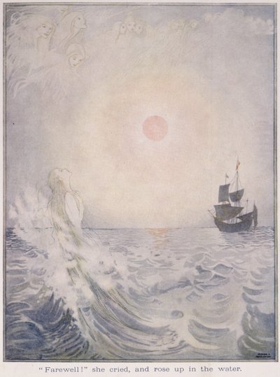Jäähyväiset, hän itki ja nousi ylös veteen, teoksesta Pieni merenneito Hans Christian Andersenin (1805-75) satujen painoksessa 1920 (akvarelli paperille) tekijältä Honor Charlotte Appleton