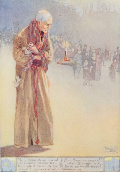 "Scrooge Regarding the Poor", kuvitus Charles Dickensin (1812-70) "Joululauluun" (1843) (värilitho) tekijältä Honor Charlotte Appleton