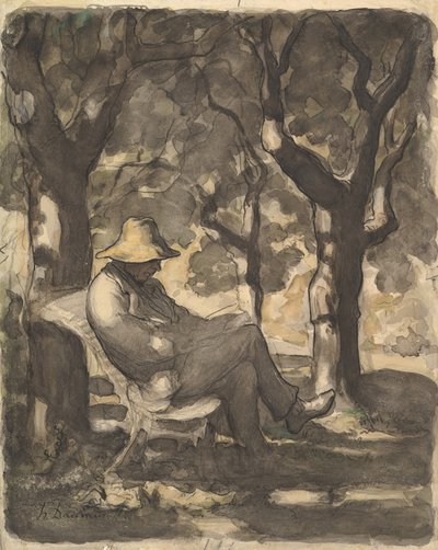 Mies lukemassa puutarhassa, 1825-79 (mustaliitu, tussi, tussi, tussi ja väriliitu) tekijältä Honoré Daumier