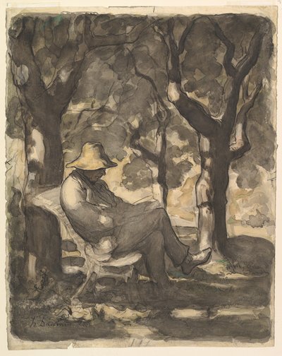 Mies lukemassa puutarhassa recto, alustava luonnos miehelle, joka lukee puutarhassa v..., n. 1865. tekijältä Honoré Daumier