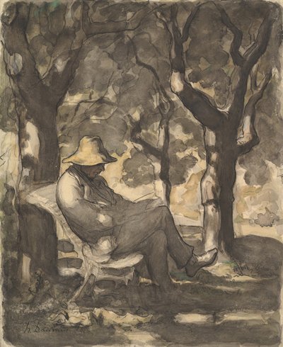 Mies lukemassa puutarhassa recto..., n. 1865. tekijältä Honoré Daumier