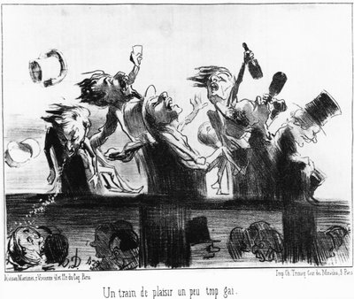 Hauska juna hieman liian iloinen: otettu "" Les trains de Plaisir" -sarjakuvasta Honore Daumierin (1808-1879) rautateillä. “Charivari” tekijältä Honoré Daumier