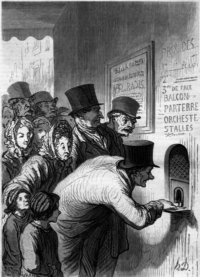 Teatterin ikkuna. Sarjakuva Honore Daumier (1808-1879). Kaiverrus "" Le Monde Illustré" -julkaisussa nro 269, 7. kesäkuuta 1862. tekijältä Honoré Daumier