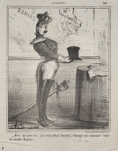 Tosiasiat (nro 249): Sanotaan, että alan pian vaihtamaan kruununi yksinkertaiseen hatuun! tekijältä Honoré Daumier