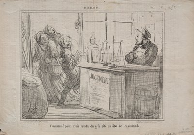 Tosiasiat nro 252: Tuomittu siitä, että hän myi kasan hiekkaa kostean ruskean sokerin sijaan, 1855. tekijältä Honoré Daumier