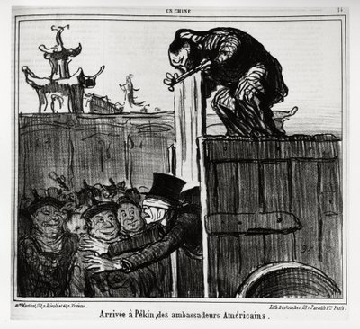 Amerikan suurlähettiläät saapuivat Pekiniin. Sarjassa En Chine, Honore Daumierin (1808-1879) kuvitus, julkaistu Charivarissa, päivätty 13. lokakuuta 1859. tekijältä Honoré Daumier