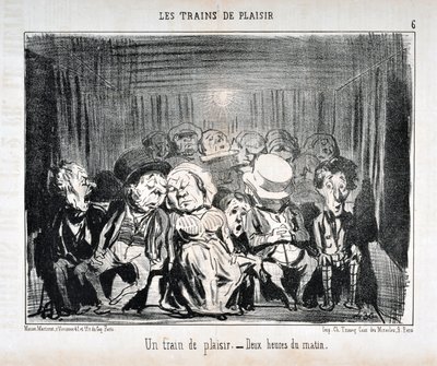 Honore Daumierin (1808-1879) Charivarin taideteos vuodelta 1852: Serie LES TRAINS DE PLAISIR - Nautintojuna. - Kello kaksi aamulla. KUUTATAIDEMUSEO - PALACE LONGCHAMP, MARSEILLE tekijältä Honoré Daumier