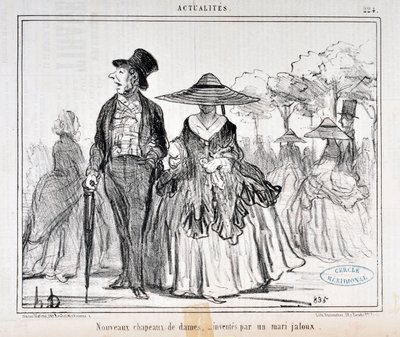 Honore Daumierin (1808-1879) Charivarin taideteos vuodelta 1855: Serie Actualites "" Uudet naisten hatut, mustasukkaisen aviomiehen keksimä "" MUSEE DES BEAUX ARTS - PALAIS LONGCHAMP, MARSEILLE tekijältä Honoré Daumier
