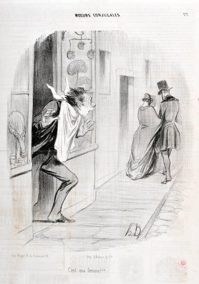 Honore Daumierin (1808-1879) taideteos. Charivari on vuodelta 1840 Serie MORIES CONJUAL “” Se on vaimoni!!! "" KUUTATAIDEMUSEO - PALACE LONGCHAMP, MARSEILLE tekijältä Honoré Daumier