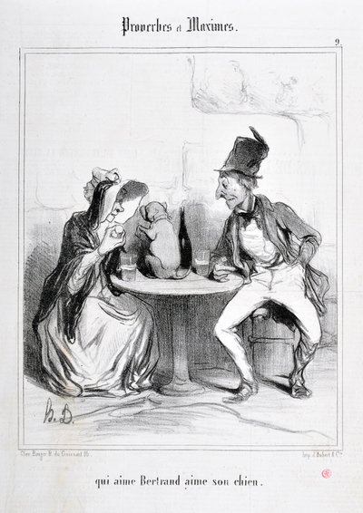 Honore Daumierin (1808-1879) taideteos. Charivari on vuodelta 1840: Sarja PROVERBES ET MAXIMES "" qui aime Bertrand aime son chien"" MUSEE DES BEAUX ARTS - PALAIS LONGCHAMP, MARSEILLE tekijältä Honoré Daumier