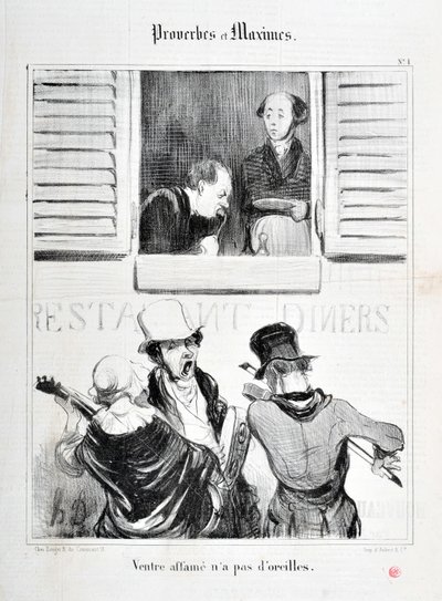 Honore Daumierin (1808-1879) taideteos. Charivari on vuodelta 1840: Serie PROVERBES ET MAXIMES "" Vatsanälkään ei ole korvia""" MUSEE DES BEAUX ARTS - PALAIS LONGCHAMP, MARSEILLE tekijältä Honoré Daumier