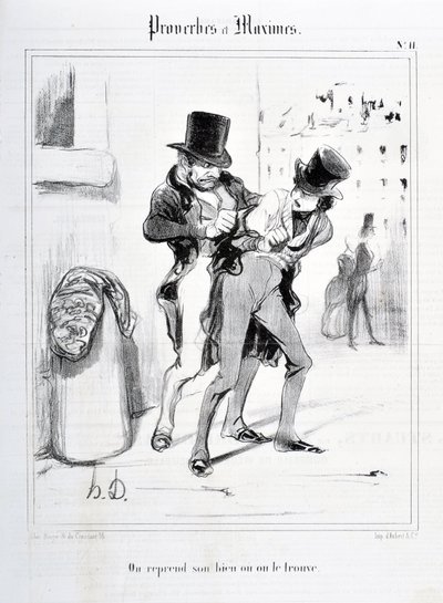 Honore Daumierin (1808-1879) taideteos. Charivari on vuodelta 1840: Serie PROVERBES ET MAXIMES "" Jatkamme omaisuuttamme tai löydämme sen "" "MUSEE DES BEAUX ARTS - PALAIS LONGCHAMP, MARSEILLE tekijältä Honoré Daumier