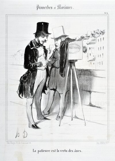 Honore Daumierin (1808-1879) taideteos. Charivari on peräisin vuodelta 1840: Sarja SANANLASKUJA JA MAKSIMIT ”Kärsivällisyys on aasien hyve”” KUVATAIDEMUSEO – PALAIS LONGCHAMP, MARSEILLE tekijältä Honoré Daumier