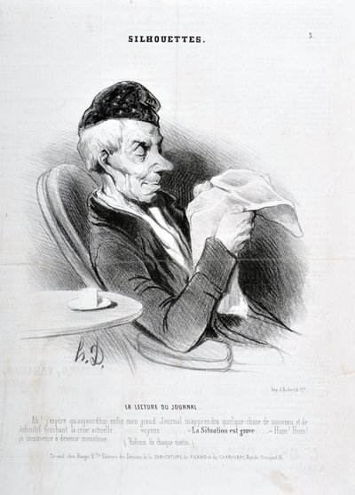 Honore Daumierin (1808-1879) taideteos. Charivari on vuodelta 1840: SOUXETTES-sarja "" Sanomalehden lukeminen "" MUSEE DES BEAUX ARTS - PALAIS LONGCHAM tekijältä Honoré Daumier