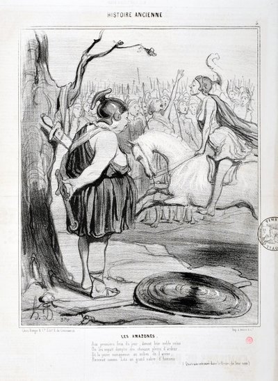 Honore Daumierin (1808-1879) Charivarin taideteos on vuodelta 1842: Serie HISTORIE ANCIE Les Amazones. "" Päivän ensimmäisessä tulipalossa heidän jalon kuningattarensa edessä heidän nähtiin kesyttävän intoa täynnä olevia hevosia. Ja nuori voittaja areenan  tekijältä Honoré Daumier