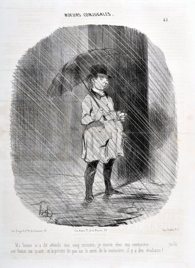 Honore Daumierin (1808-1879) taideteos. Charivari on vuodelta 1842: Serie MORES CONJUALES "" Vaimoni käski minun odottaa viisi minuuttia, että menen couturiereani tunti neljännes sitten ja ovessa lukee, että couturieren aukiolla on opiskelijoita! " tekijältä Honoré Daumier