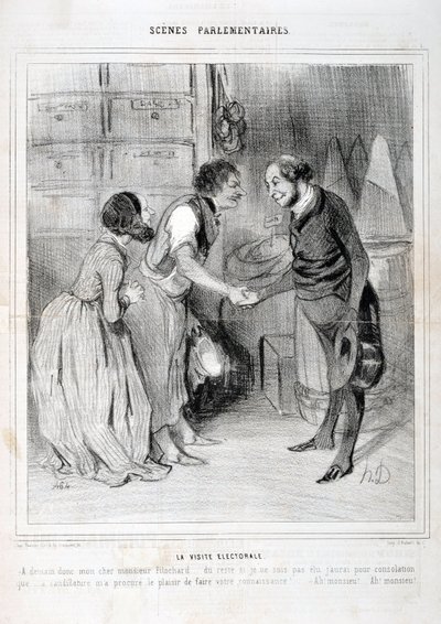 Honore Daumierin (1808-1879) taideteos. Charivari on vuodelta 1843: Serie SCENES PARLAMENTARY. Vaalivierailu. KUUTATAIDEMUSEO - PALACE LONGCHAMP, MARSEILLE tekijältä Honoré Daumier