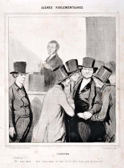 Honore Daumierin (1808-1879) taideteos. Charivari on vuodelta 1843: Serie SCENES PARLAMENTARY. Vaalit "" Uinti!!! "Ah ystäväni, hyvät ystäväni tämä ilta on elämäni suurin päivä!" KUUTATAIDEMUSEO - PALACE LONGCHAMP, MARSEILLE tekijältä Honoré Daumier